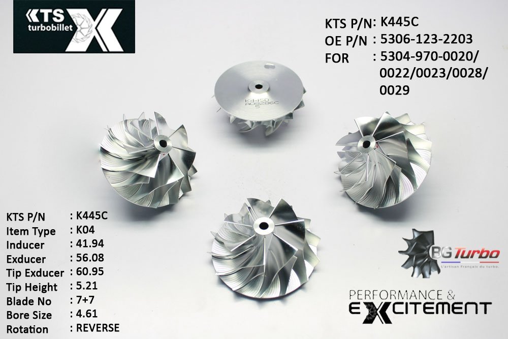 Turbo ROUE FORGÉE MFS PERFORMANCE - 7+7 PALES - INDUCER : 41,94 - EXDUCER : 56,08 - TYPE : K04ANGLE : 65° - ROTATION : Reverse - SUPER BACK : 1,8 - BORE SIZE : 4,61
